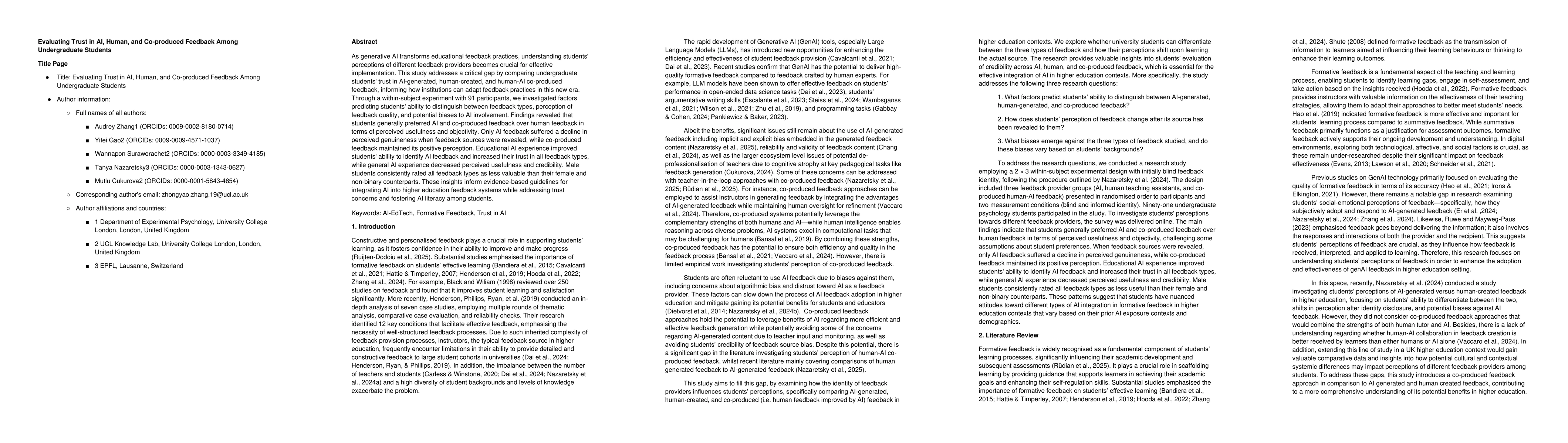 Thumbnail for Evaluating Trust in AI, Human, and Co-produced Feedback Among
  Undergraduate Students