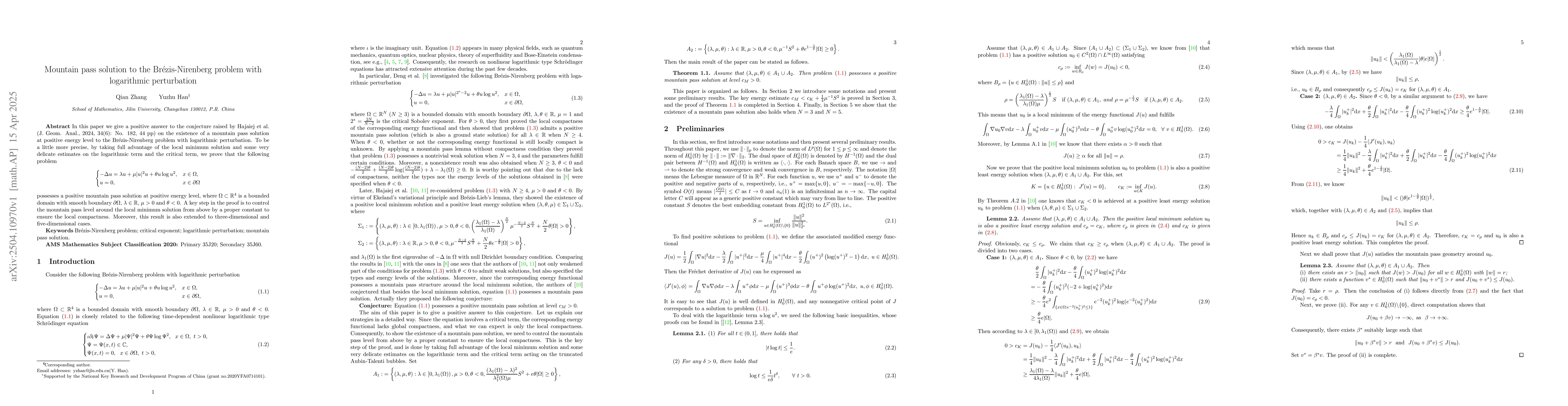 Thumbnail for Mountain pass solution to the Brézis-Nirenberg problem with
  logarithmic perturbation