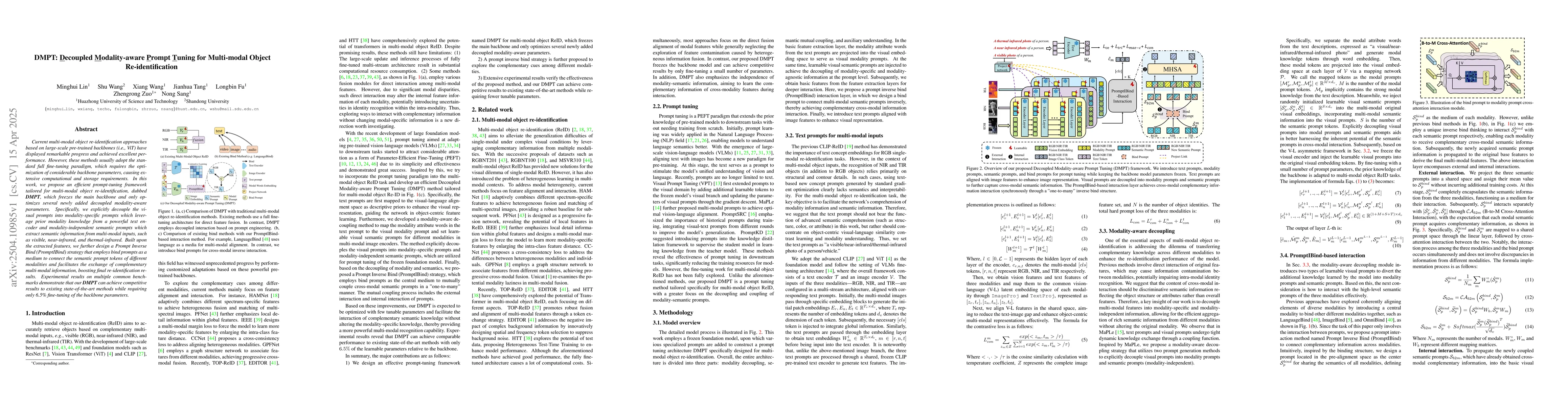 Thumbnail for DMPT: Decoupled Modality-aware Prompt Tuning for Multi-modal Object
  Re-identification