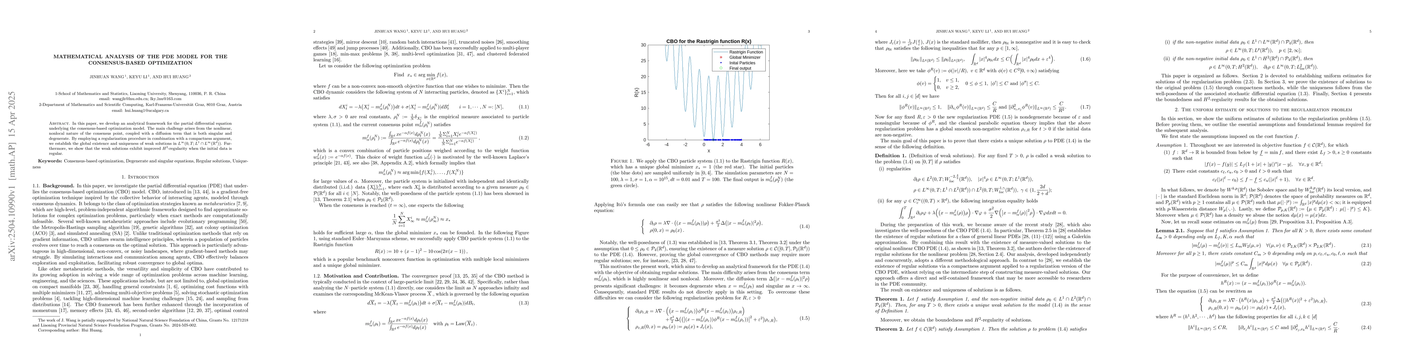 Thumbnail for Mathematical Analysis of the PDE Model for the Consensus-based
  Optimization