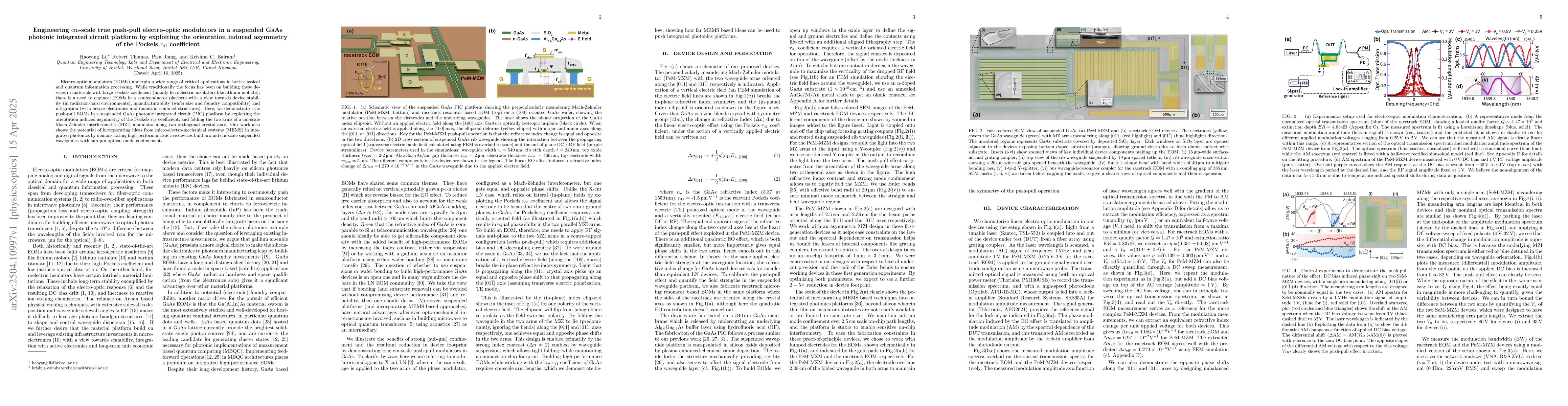 Thumbnail for Engineering cm-scale true push-pull electro-optic modulators in a
  suspended GaAs photonic integrated circuit platform by exploiting the
  orientation induced asymmetry of the Pockels $r_{41}$ coefficient