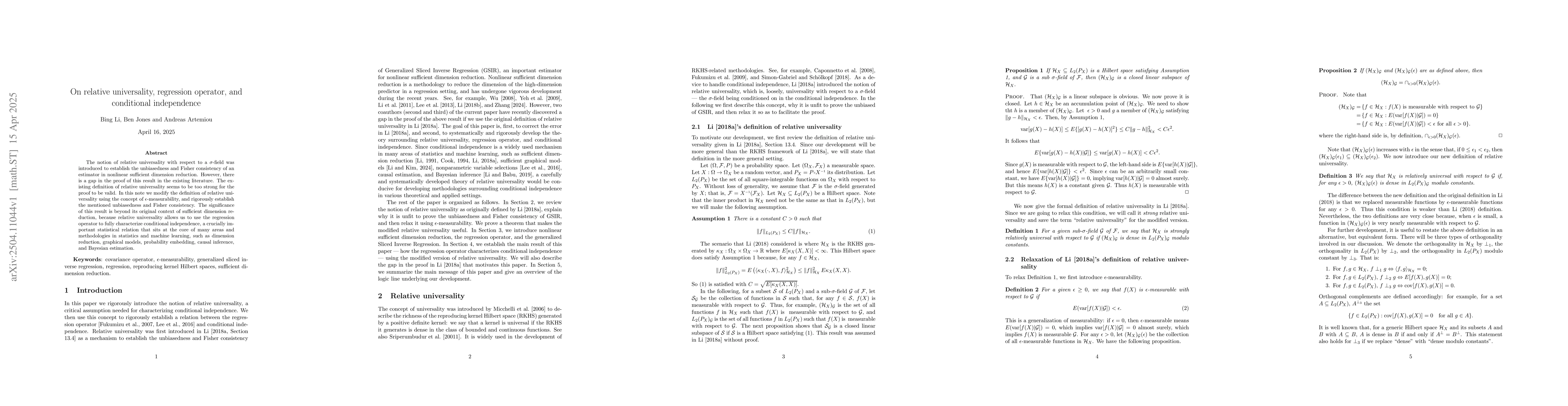 Thumbnail for On relative universality, regression operator, and conditional
  independence