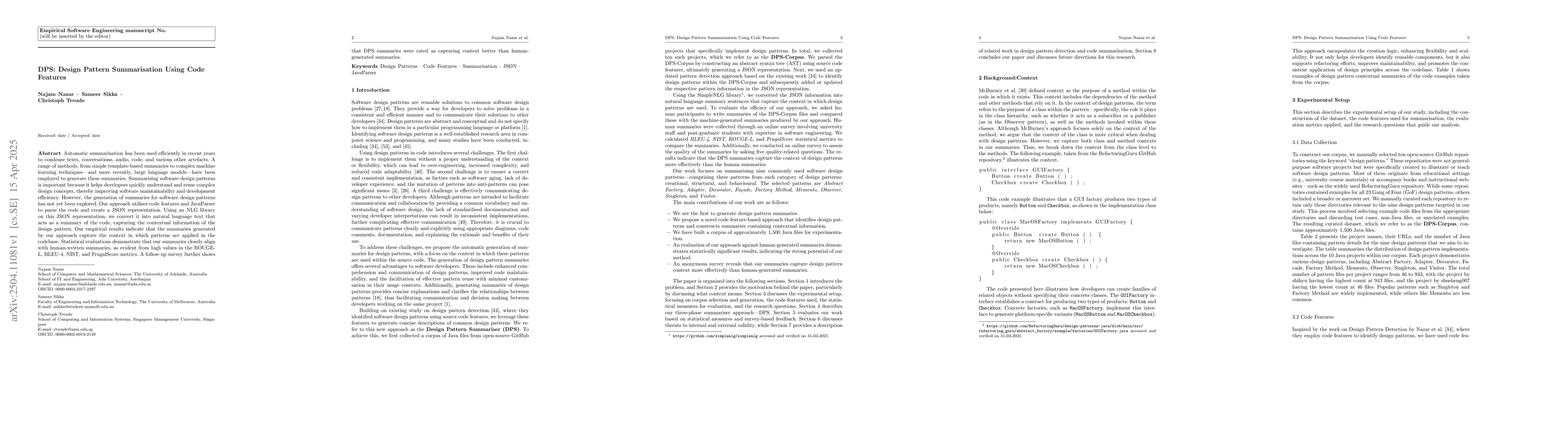 Thumbnail for DPS: Design Pattern Summarisation Using Code Features