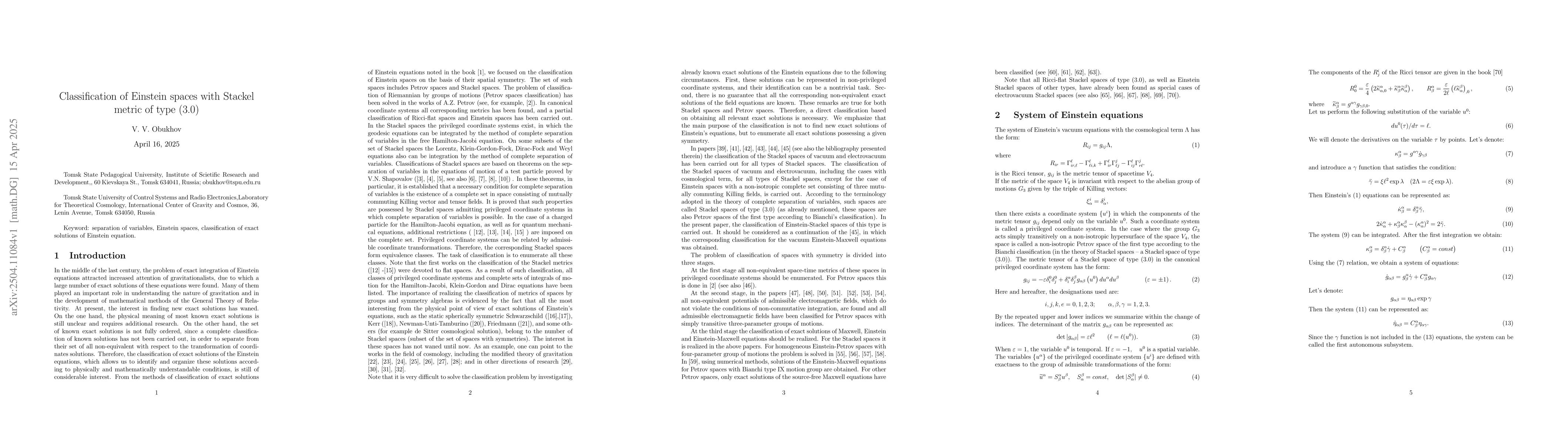 Thumbnail for Classification of Einstein spaces with Stackel metric of type (3.0)