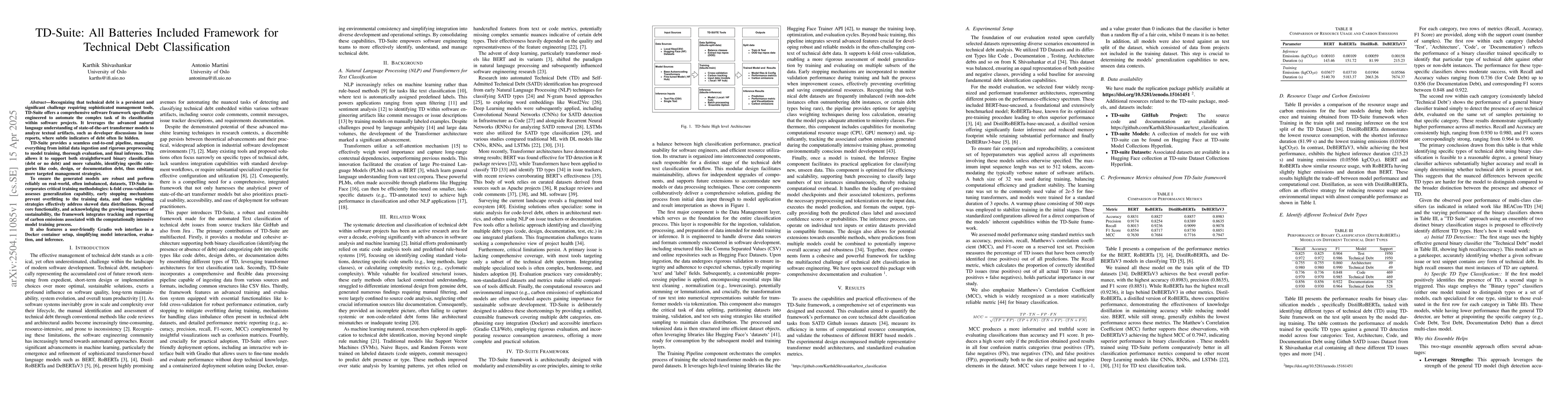 Thumbnail for TD-Suite: All Batteries Included Framework for Technical Debt
  Classification
