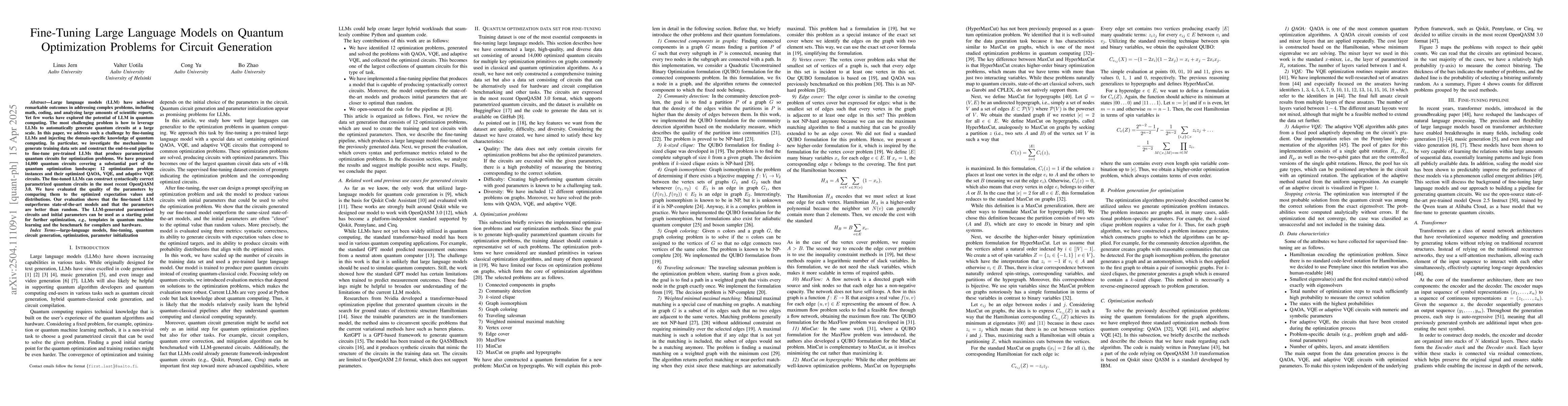 Thumbnail for Fine-Tuning Large Language Models on Quantum Optimization Problems for
  Circuit Generation
