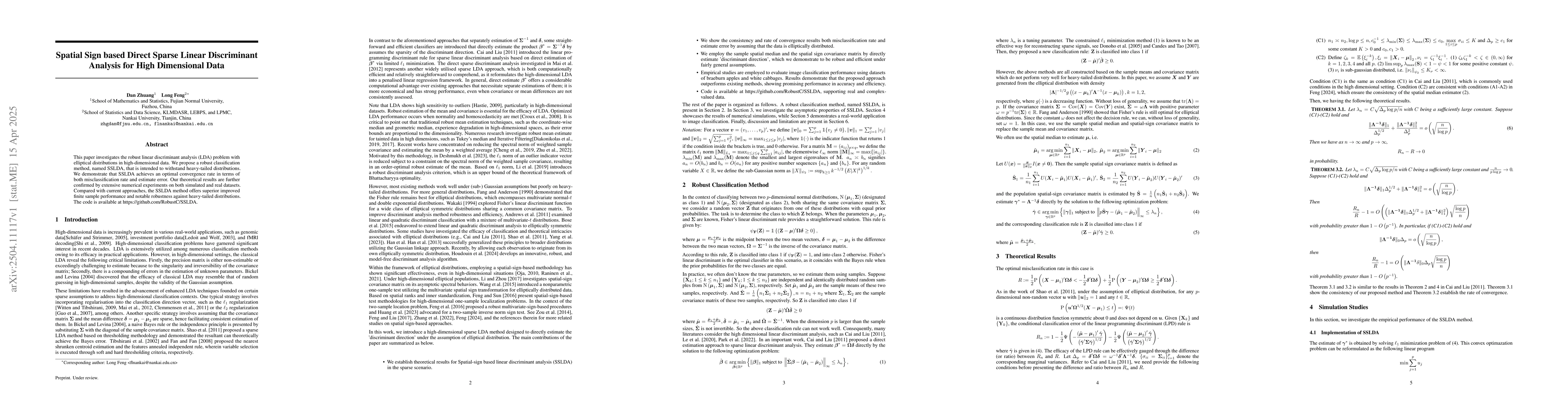 Thumbnail for Spatial Sign based Direct Sparse Linear Discriminant Analysis for High
  Dimensional Data