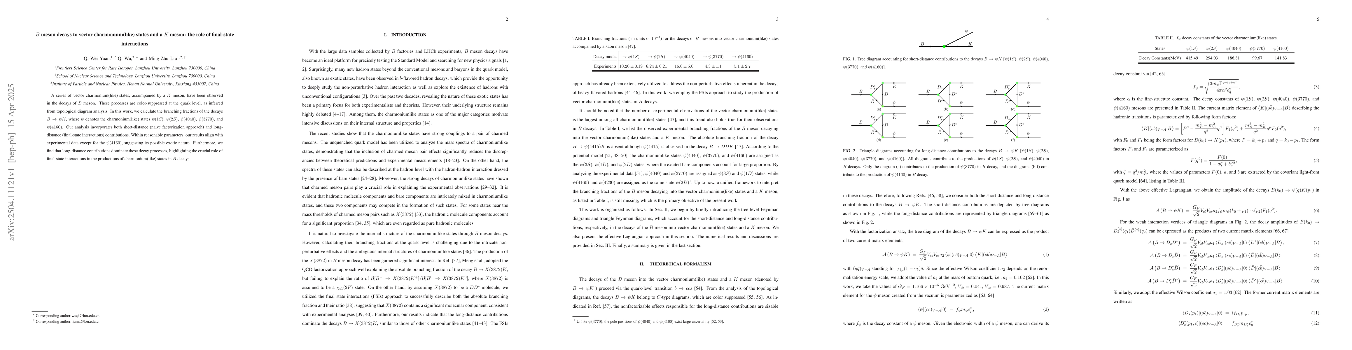 Thumbnail for $B$ meson decays to vector charmonium(like) states and a $K$ meson: the
  role of final-state interactions