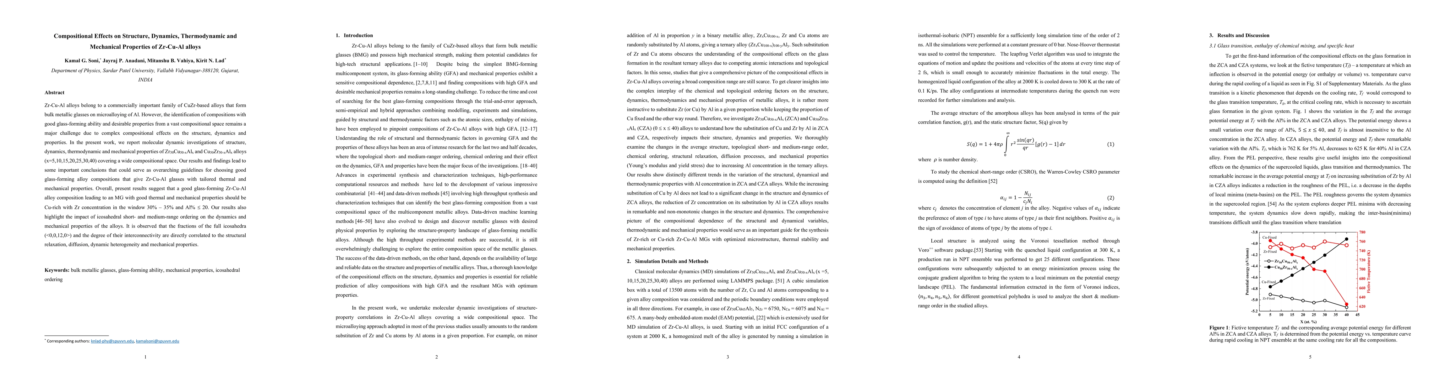 Thumbnail for Compositional Effects on Structure, Dynamics, Thermodynamic and
  Mechanical Properties of Zr-Cu-Al alloys
