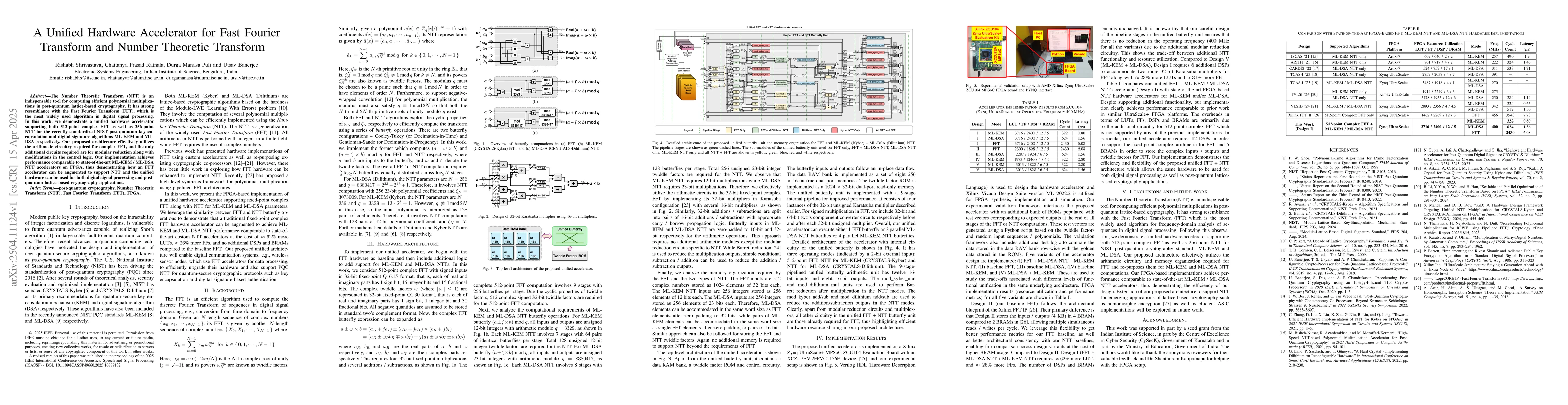 Thumbnail for A Unified Hardware Accelerator for Fast Fourier Transform and Number
  Theoretic Transform