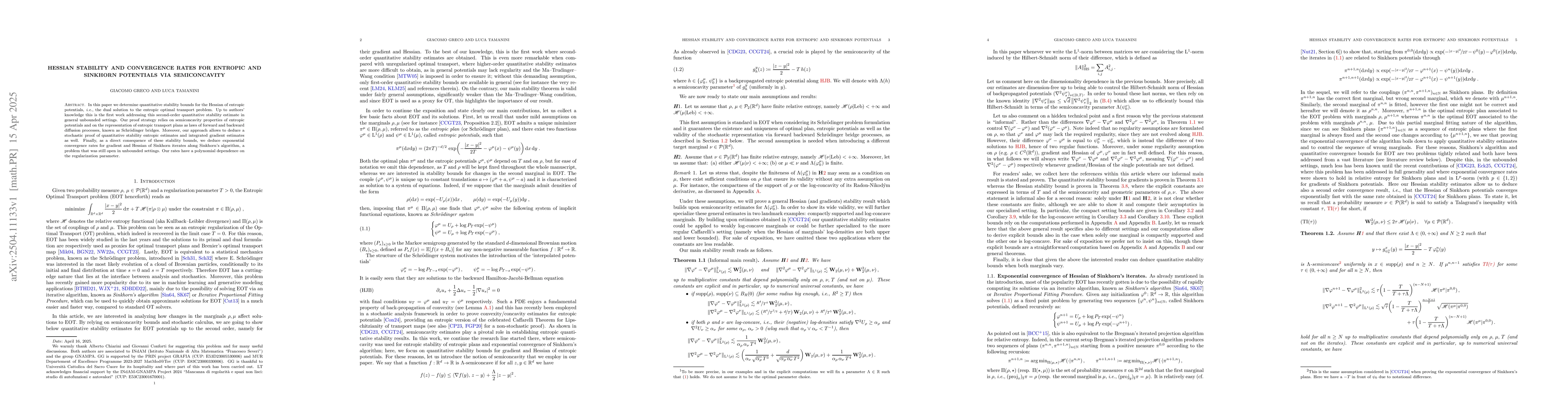 Thumbnail for Hessian stability and convergence rates for entropic and Sinkhorn
  potentials via semiconcavity