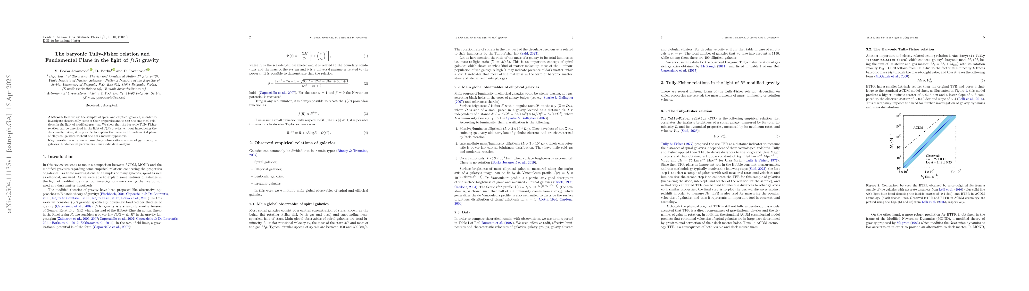 Thumbnail for The baryonic Tully-Fisher relation and Fundamental Plane in the light of
  $f(R)$ gravity