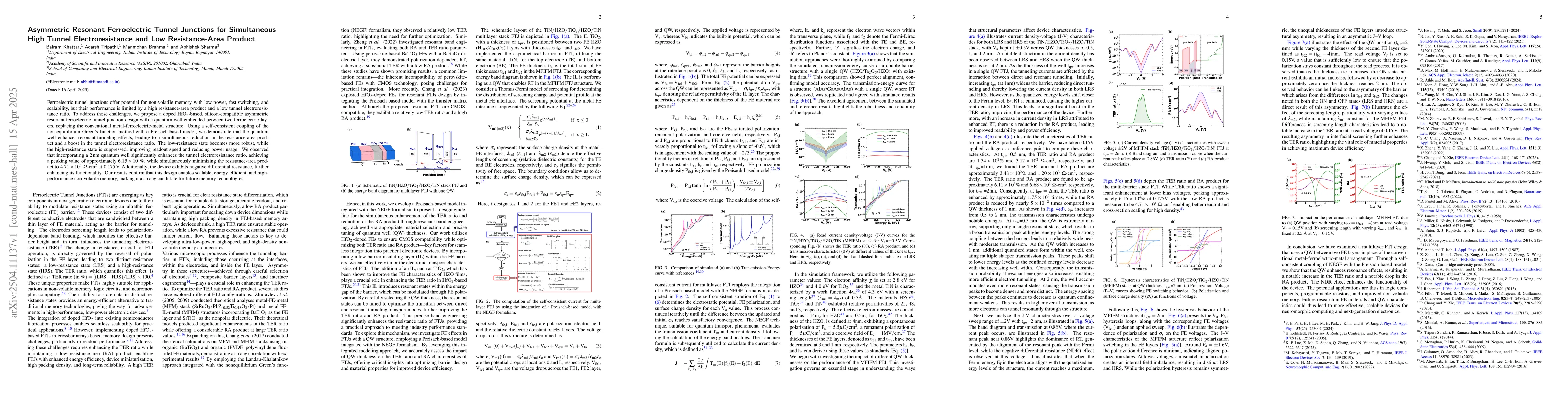 Thumbnail for Asymmetric Resonant Ferroelectric Tunnel Junctions for Simultaneous High
  Tunnel Electroresistance and Low Resistance-Area Product