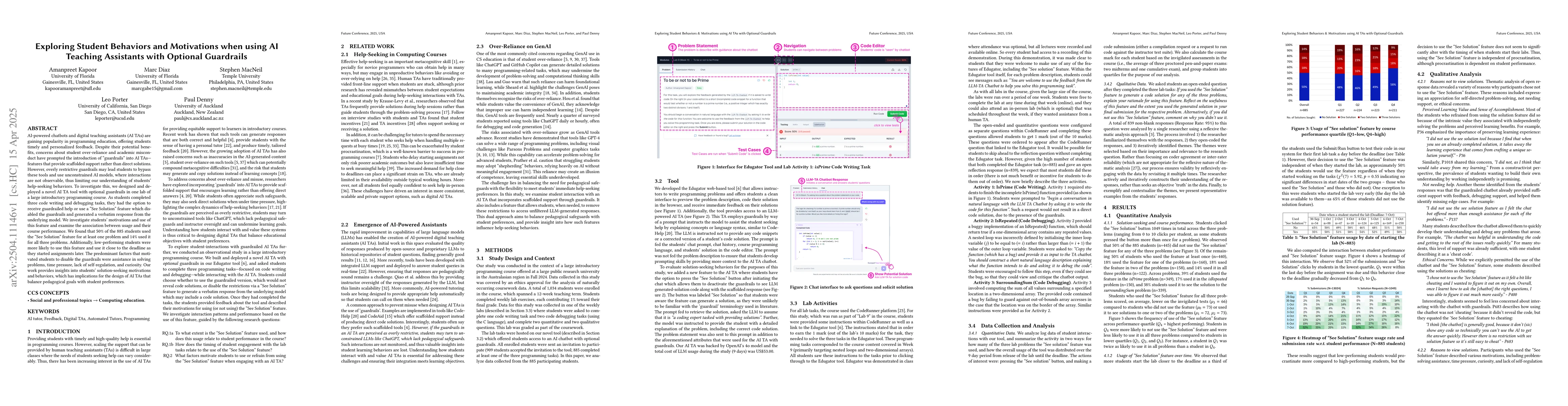 Thumbnail for Exploring Student Behaviors and Motivations using AI TAs with Optional
  Guardrails