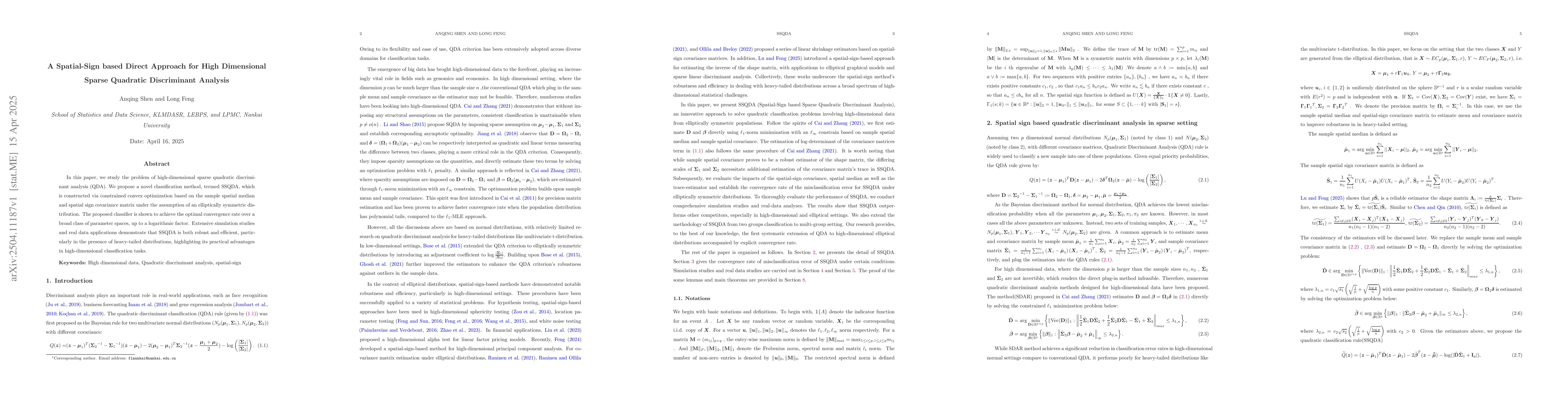 Thumbnail for A Spatial-Sign based Direct Approach for High Dimensional Sparse
  Quadratic Discriminant Analysis
