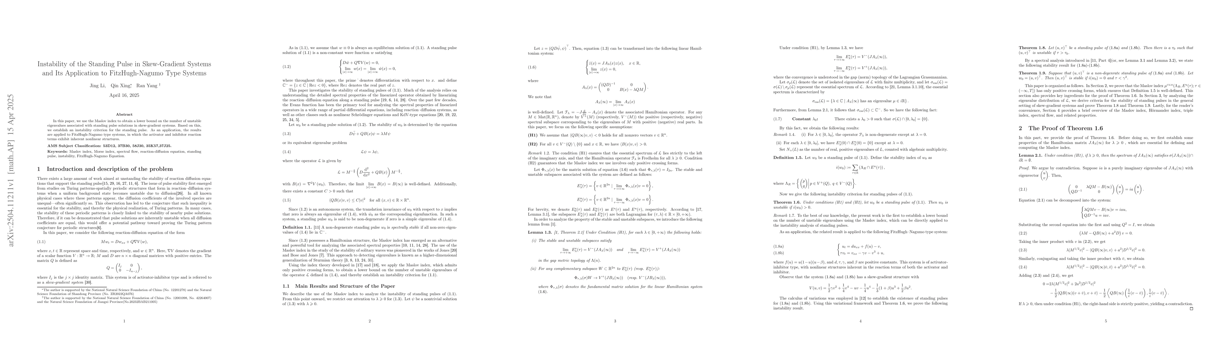 Thumbnail for Instability of the Standing Pulse in Skew-Gradient Systems and Its
  Application to FitzHugh-Nagumo Type Systems