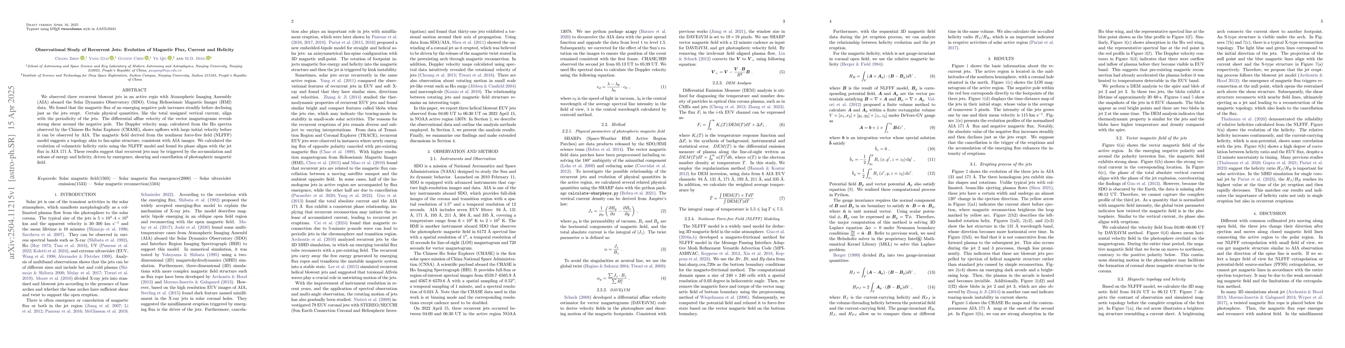 Thumbnail for Observational Study of Recurrent Jets: Evolution of Magnetic Flux,
  Current, and Helicity