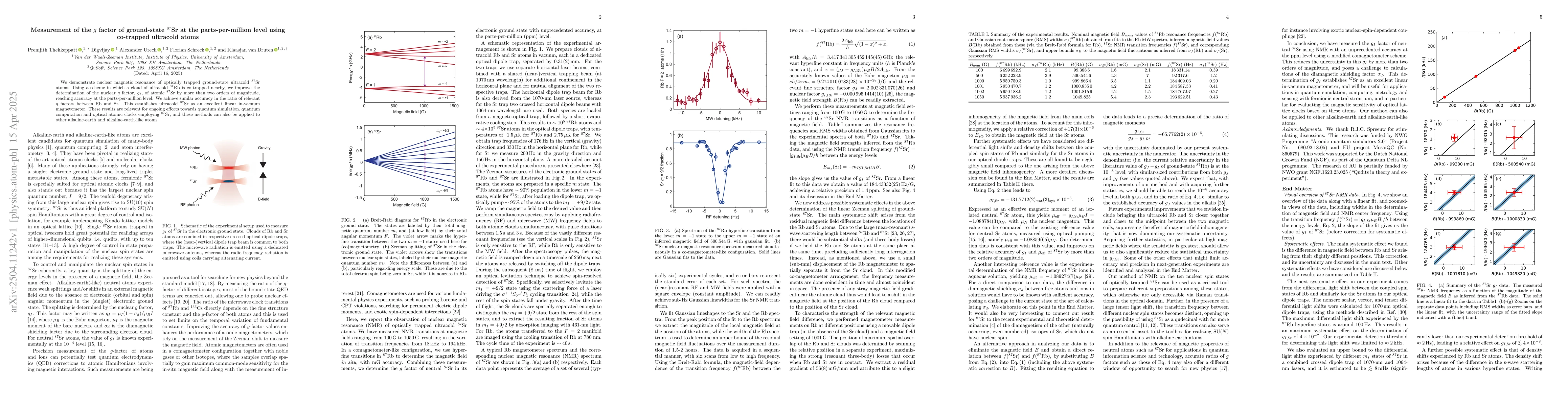 Thumbnail for Measurement of the g factor of ground-state 87Sr at the
  parts-per-million level using co-trapped ultracold atoms
