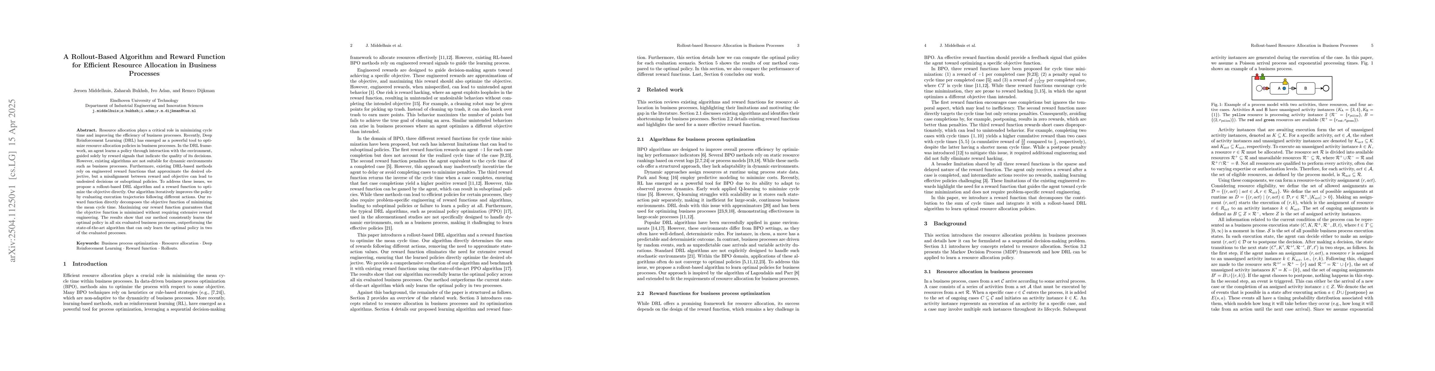 Thumbnail for A Rollout-Based Algorithm and Reward Function for Efficient Resource
  Allocation in Business Processes