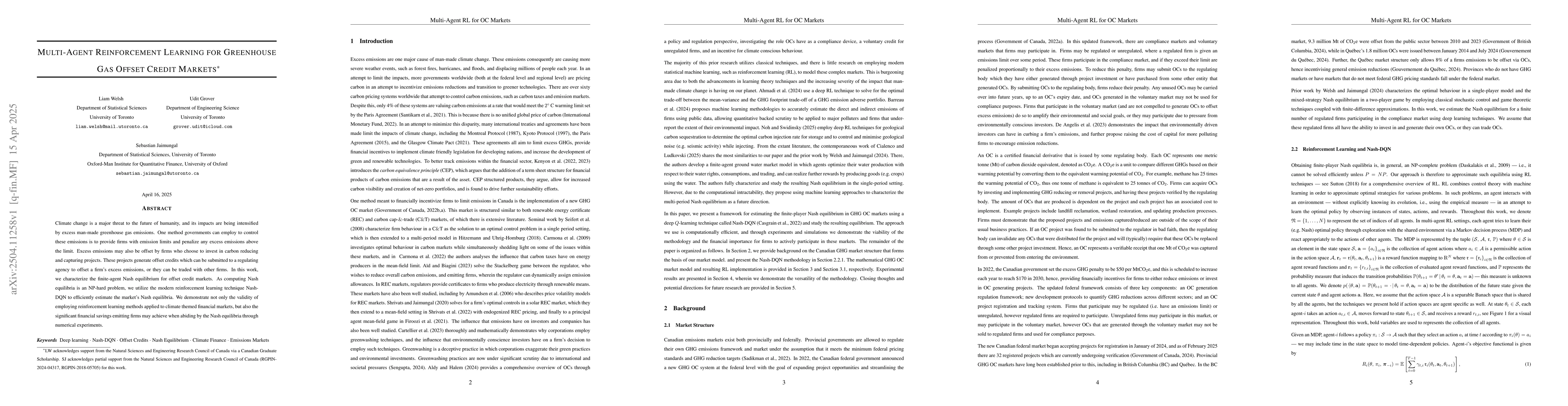 Thumbnail for Multi-Agent Reinforcement Learning for Greenhouse Gas Offset Credit
  Markets