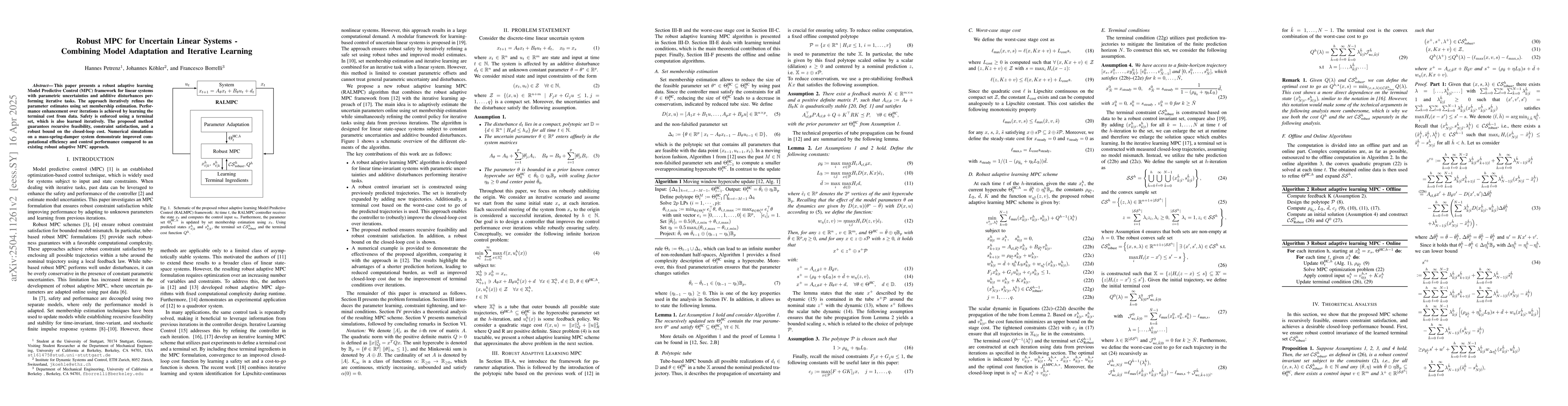 Thumbnail for Robust MPC for Uncertain Linear Systems -- Combining Model Adaptation
  and Iterative Learning