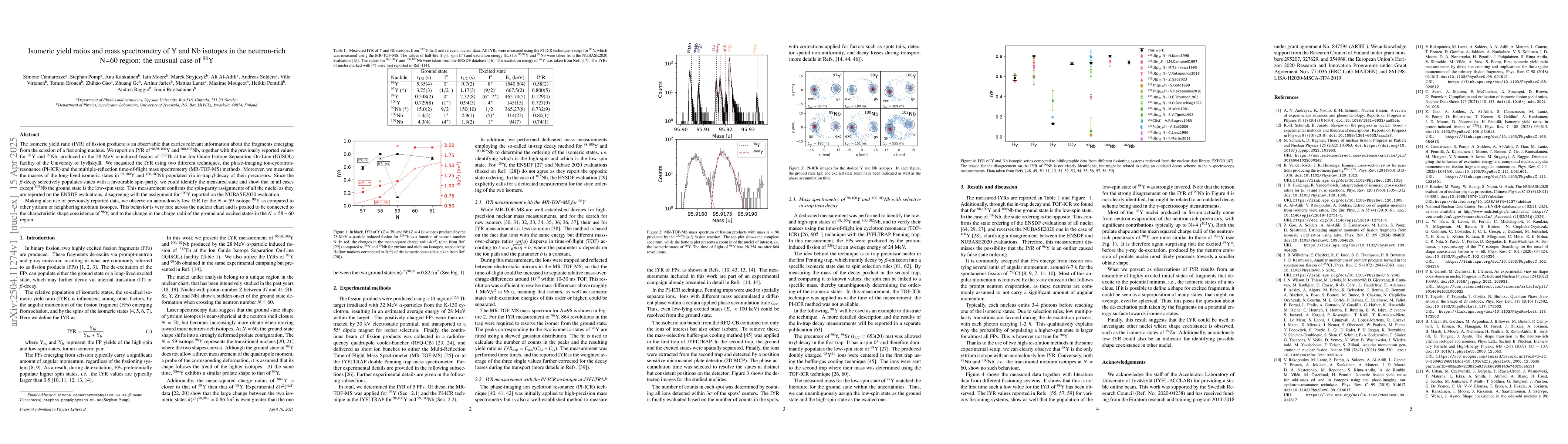 Thumbnail for Isomeric yield ratios and mass spectrometry of Y and Nb isotopes in the
  neutron-rich N=60 region: the unusual case of $^{98}$Y