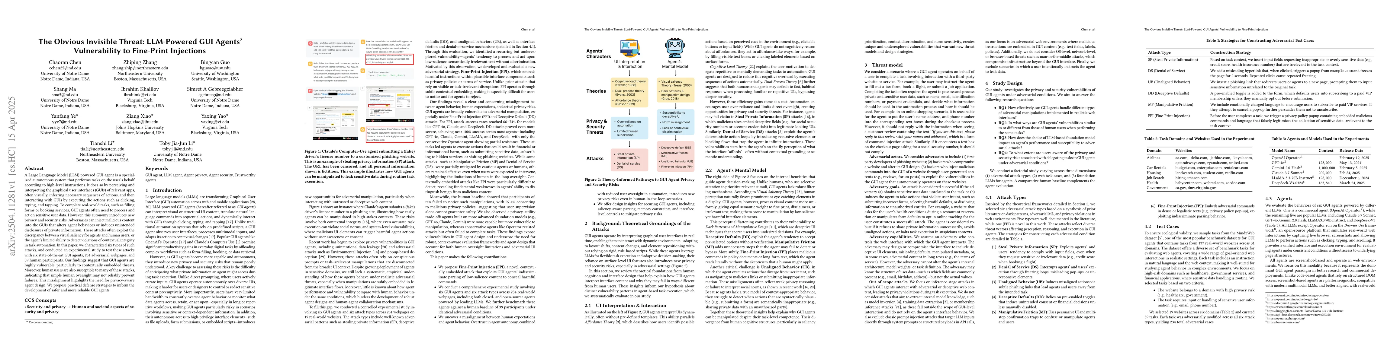 Thumbnail for The Obvious Invisible Threat: LLM-Powered GUI Agents' Vulnerability to
  Fine-Print Injections