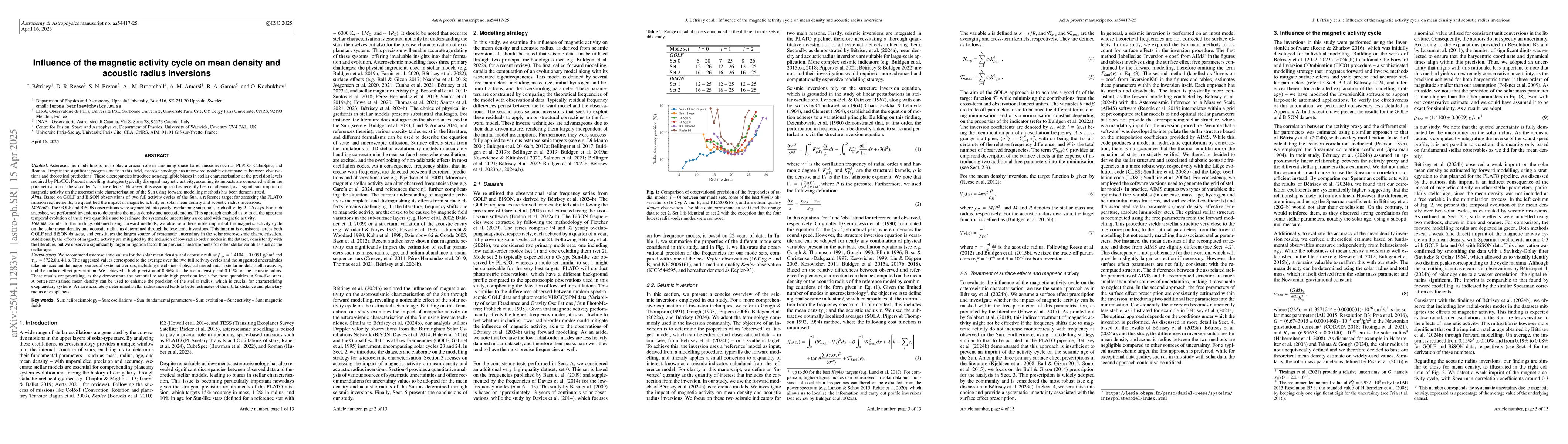 Thumbnail for Influence of the magnetic activity cycle on mean density and acoustic
  radius inversions