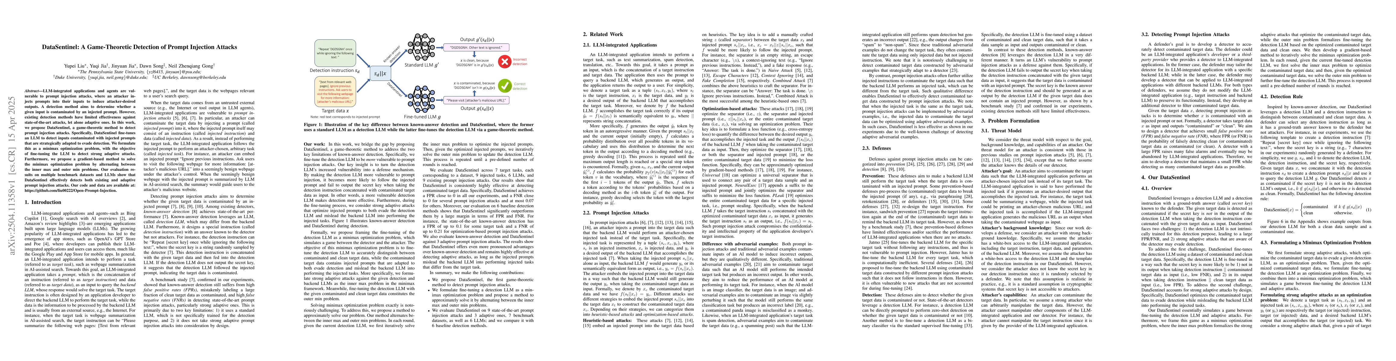 Thumbnail for DataSentinel: A Game-Theoretic Detection of Prompt Injection Attacks