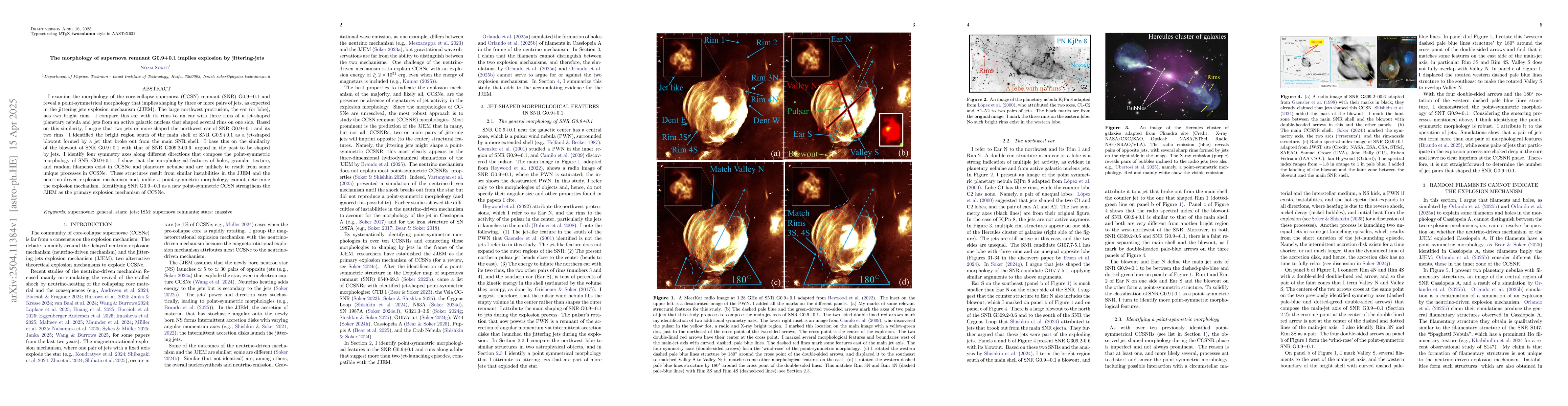 Thumbnail for The morphology of supernova remnant G0.9+0.1 implies explosion by
  jittering-jets