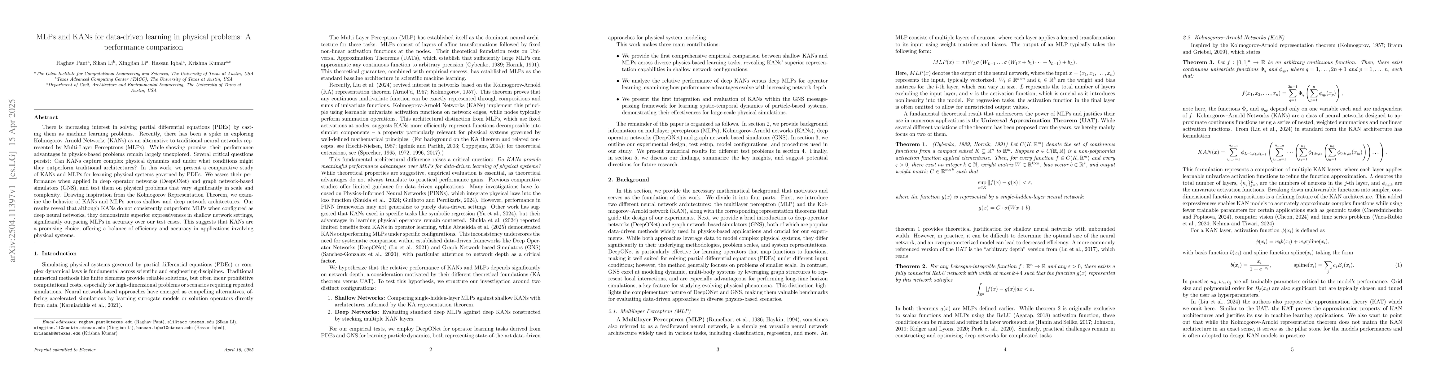 Thumbnail for MLPs and KANs for data-driven learning in physical problems: A
  performance comparison