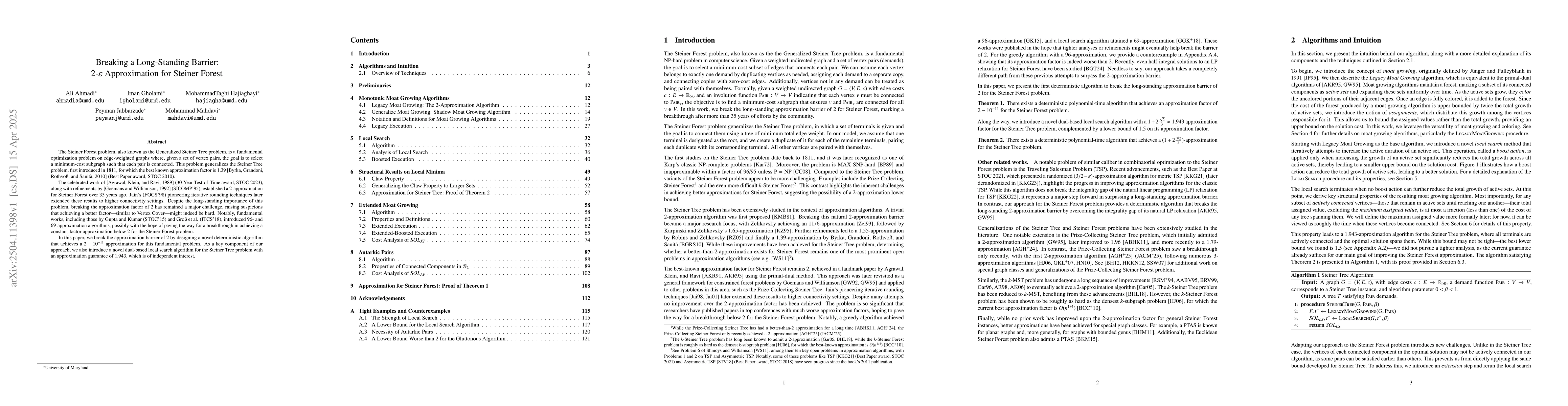 Thumbnail for Breaking a Long-Standing Barrier: 2-$\varepsilon$ Approximation for
  Steiner Forest