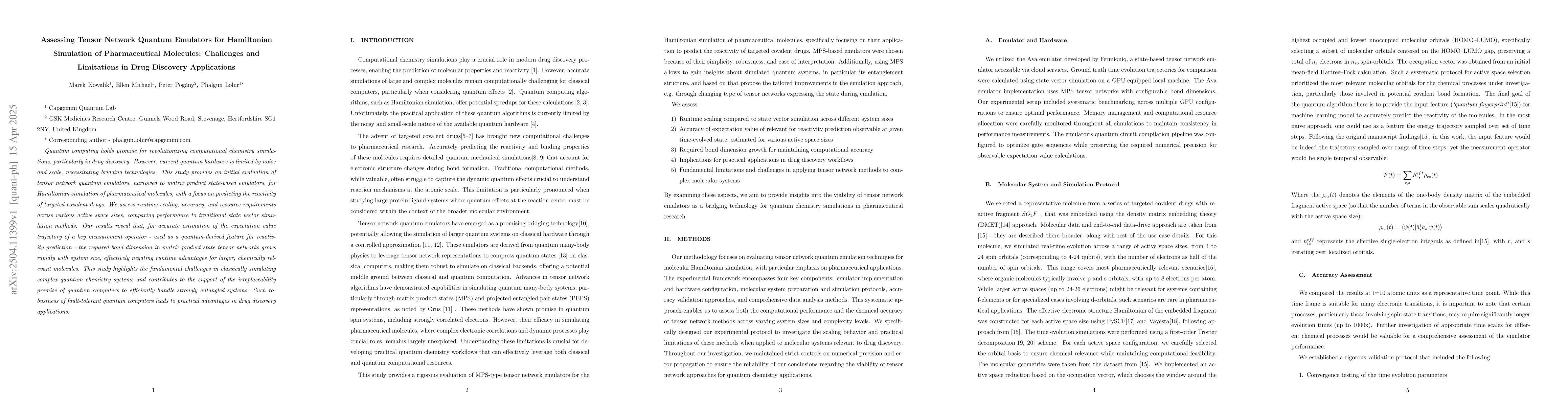 Thumbnail for Assessing Tensor Network Quantum Emulators for Hamiltonian Simulation of
  Pharmaceutical Molecules: Challenges and Limitations in Drug Discovery
  Applications