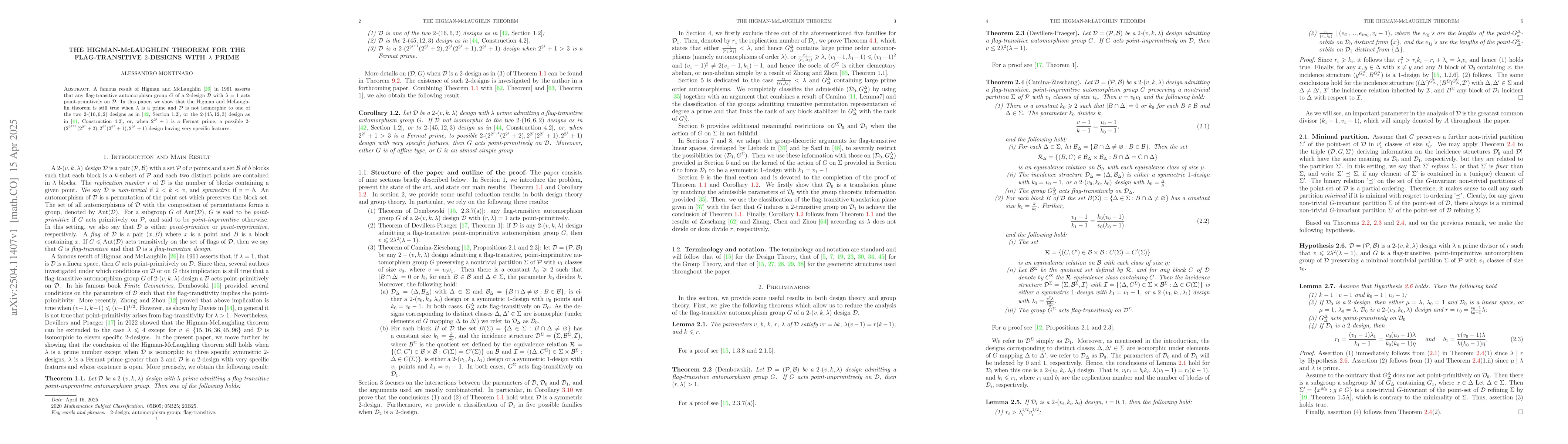Thumbnail for The Higman-M\lowercase{c}Laughlin Theorem for the flag-transitive
  $2$-designs with $λ$ prime