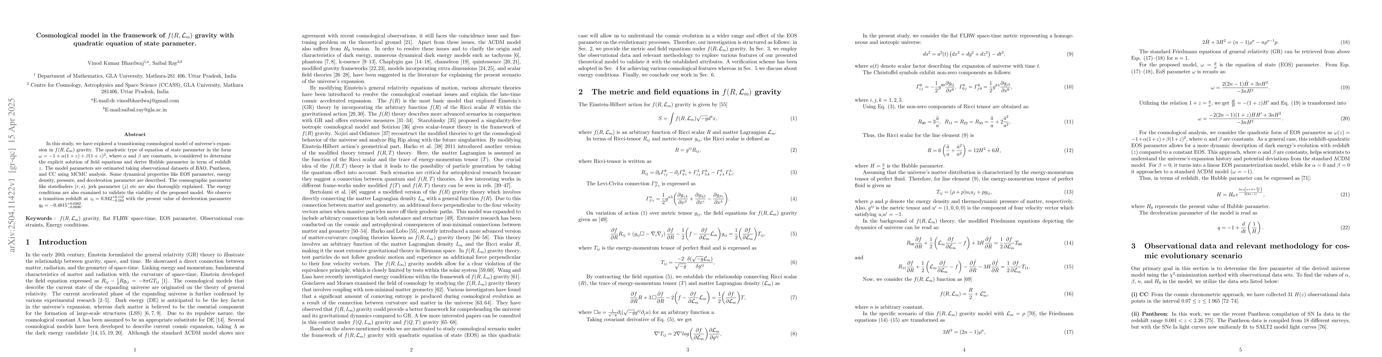 Thumbnail for Cosmological model in the framework of $f(R,\mathcal{L}_{m})$ gravity
  with quadratic equation of state parameter