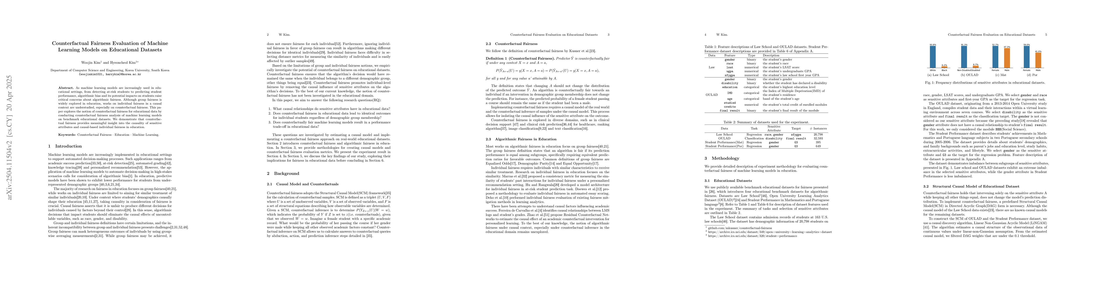 Thumbnail for Counterfactual Fairness Evaluation of Machine Learning Models on
  Educational Datasets
