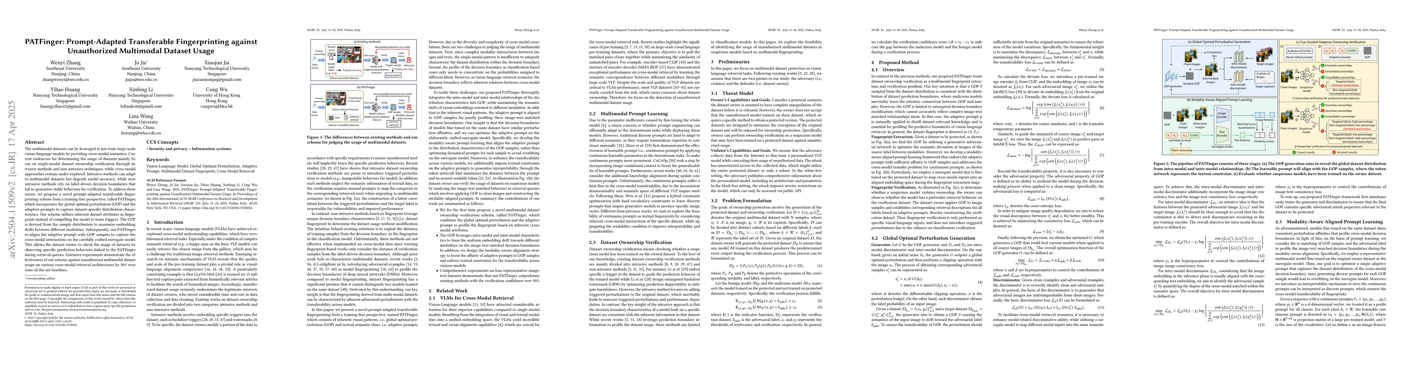 Thumbnail for PATFinger: Prompt-Adapted Transferable Fingerprinting against
  Unauthorized Multimodal Dataset Usage