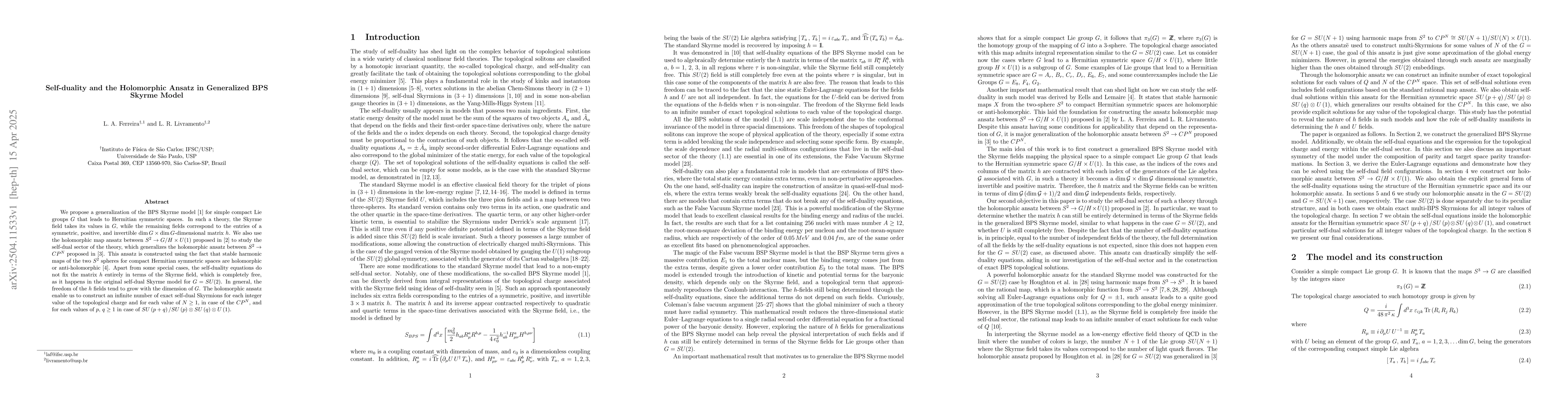 Thumbnail for Self-duality and the Holomorphic Ansatz in Generalized BPS Skyrme Model