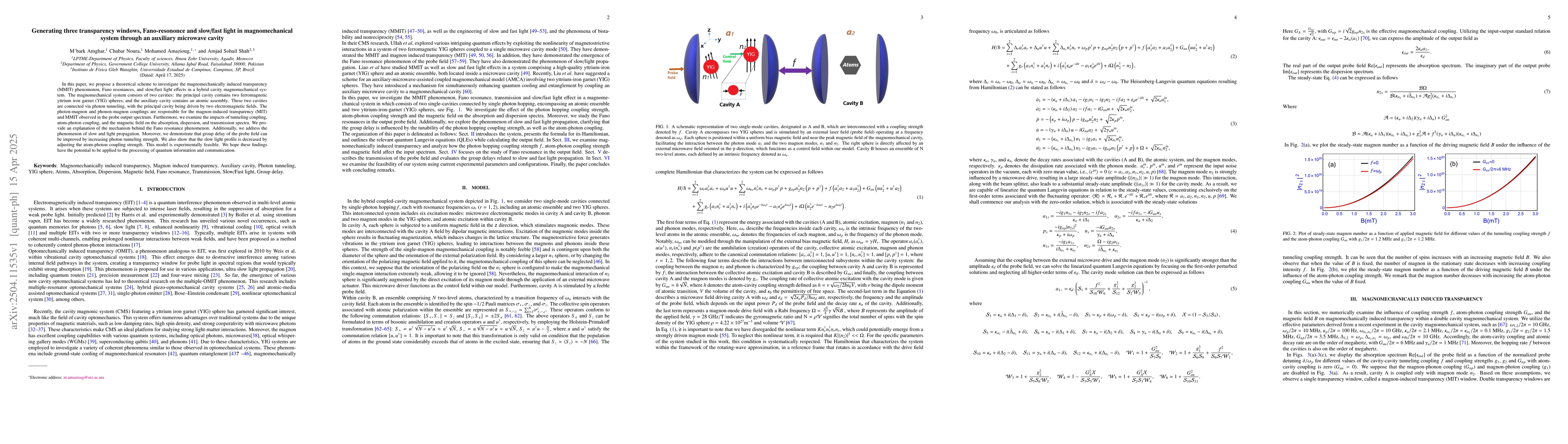 Thumbnail for Generating three transparency windows, Fano-resononce and slow/fast
  light in magnomechanical system through an auxiliary microwave cavity