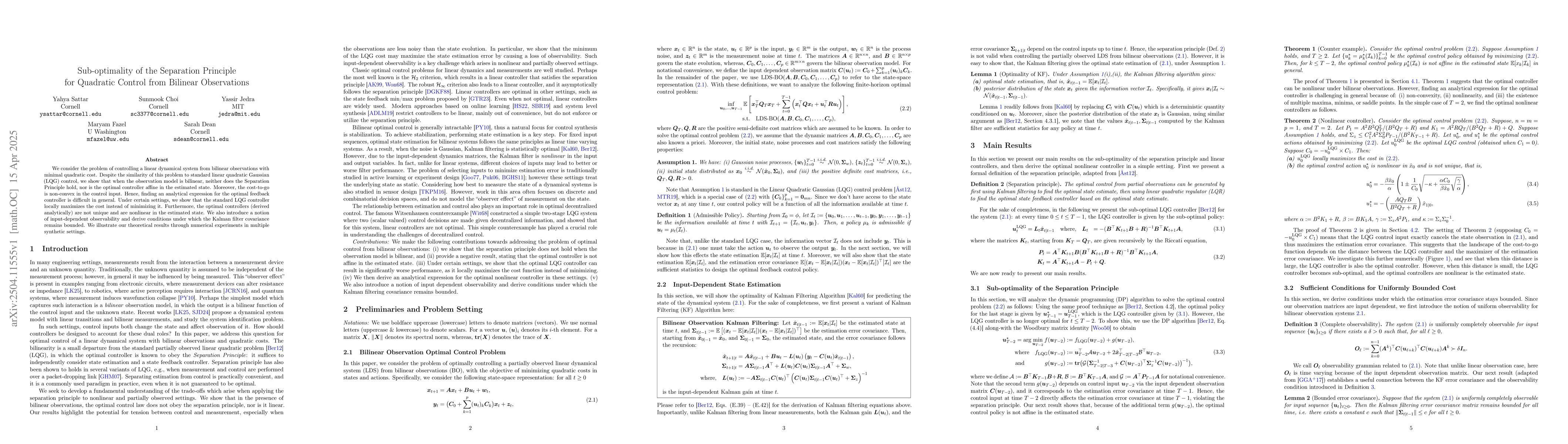 Thumbnail for Sub-optimality of the Separation Principle for Quadratic Control from
  Bilinear Observations