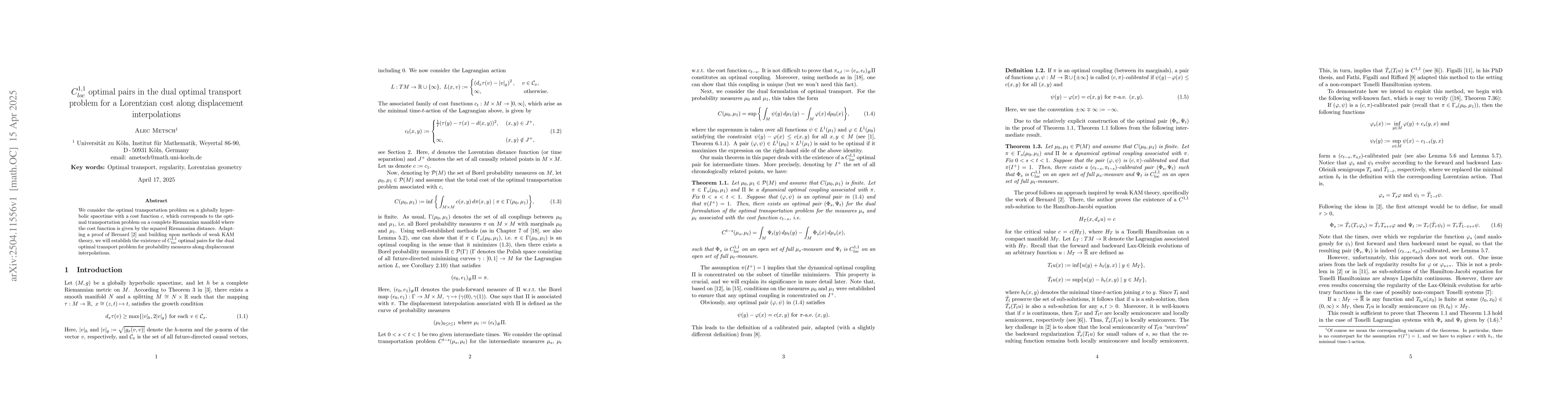 Thumbnail for $C_{loc}^{1,1}$ optimal pairs in the dual optimal transport problem for
  a Lorentzian cost along displacement interpolations