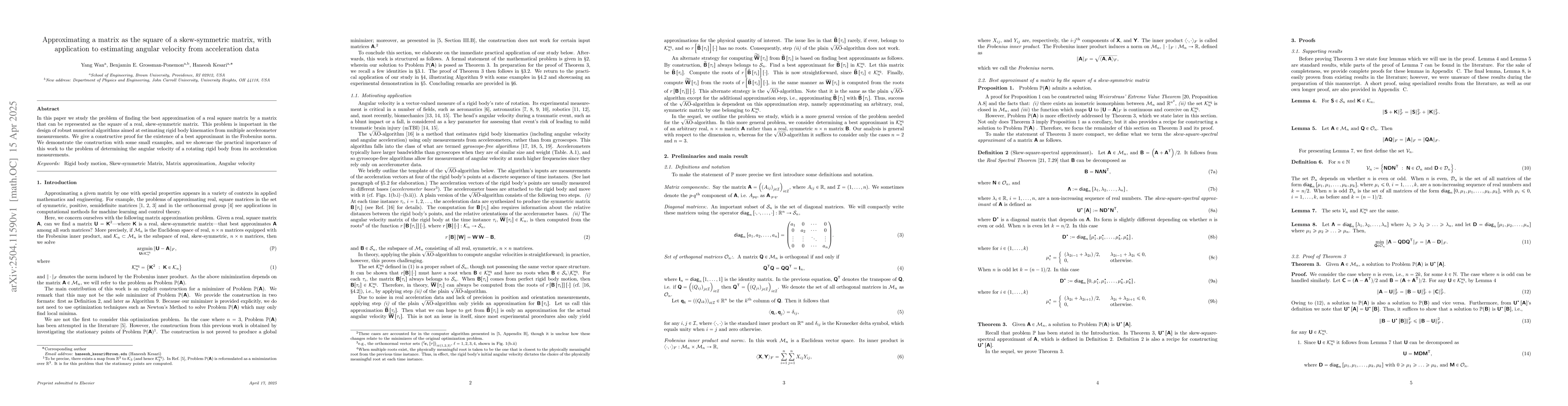 Thumbnail for Approximating a matrix as the square of a skew-symmetric matrix, with
  application to estimating angular velocity from acceleration data