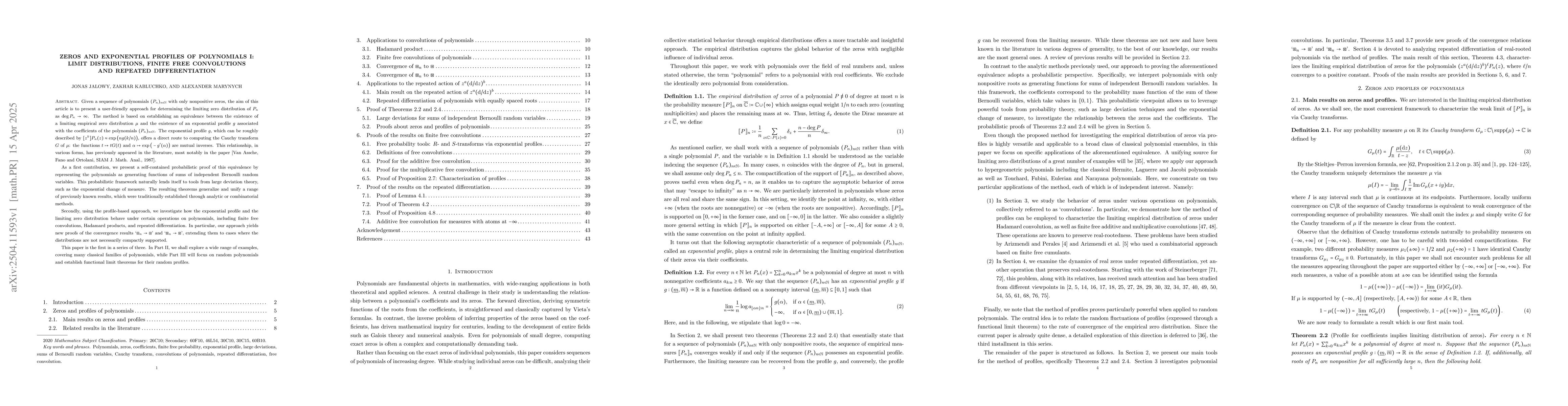 Thumbnail for Zeros and exponential profiles of polynomials I: Limit distributions,
  finite free convolutions and repeated differentiation