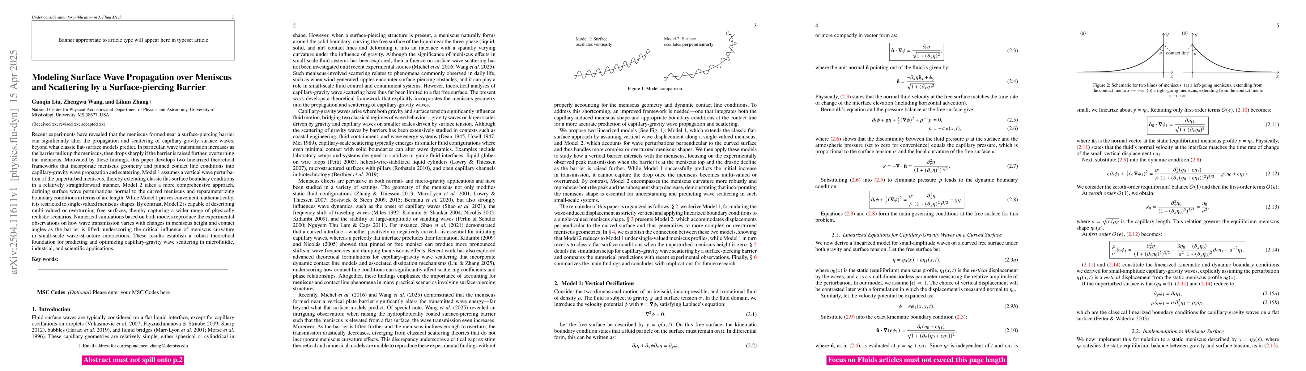Thumbnail for Modeling Surface Wave Propagation over Meniscus and Scattering by a
  Surface-piercing Barrier