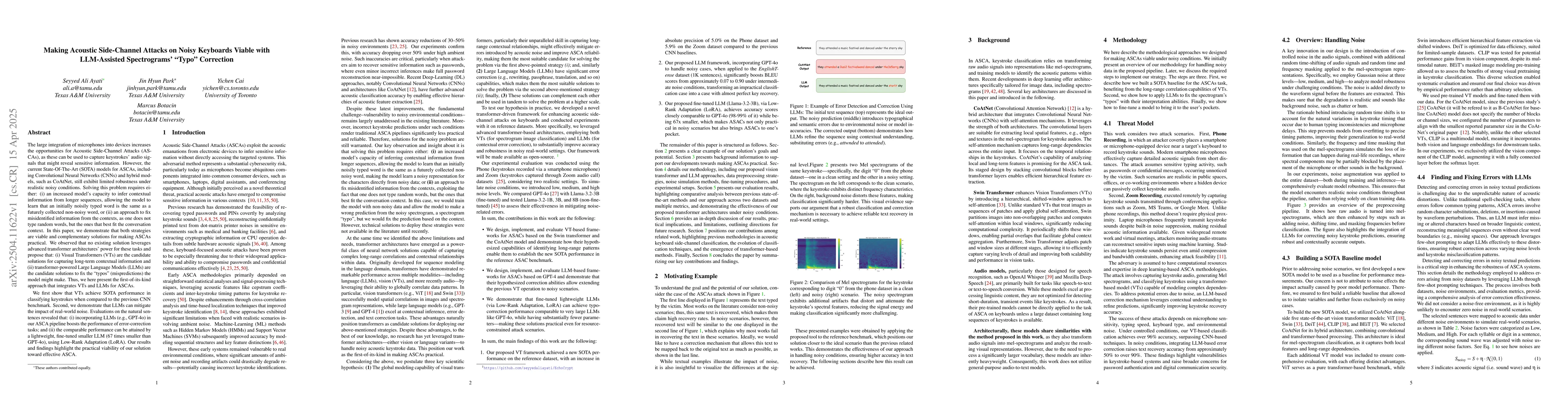 Thumbnail for Making Acoustic Side-Channel Attacks on Noisy Keyboards Viable with
  LLM-Assisted Spectrograms' "Typo" Correction