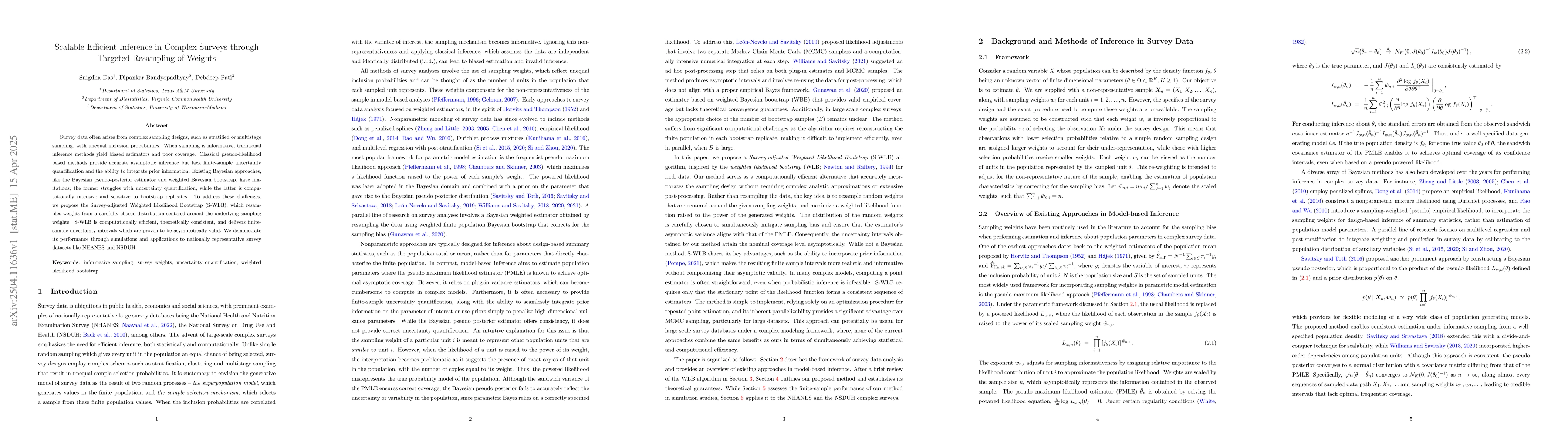 Thumbnail for Scalable Efficient Inference in Complex Surveys through Targeted
  Resampling of Weights