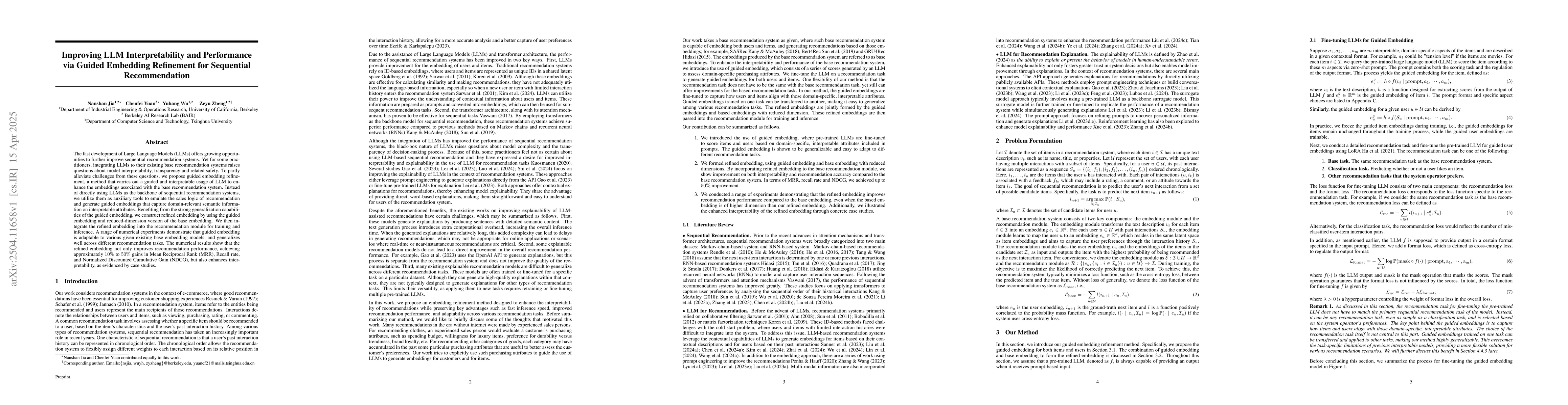 Thumbnail for Improving LLM Interpretability and Performance via Guided Embedding
  Refinement for Sequential Recommendation