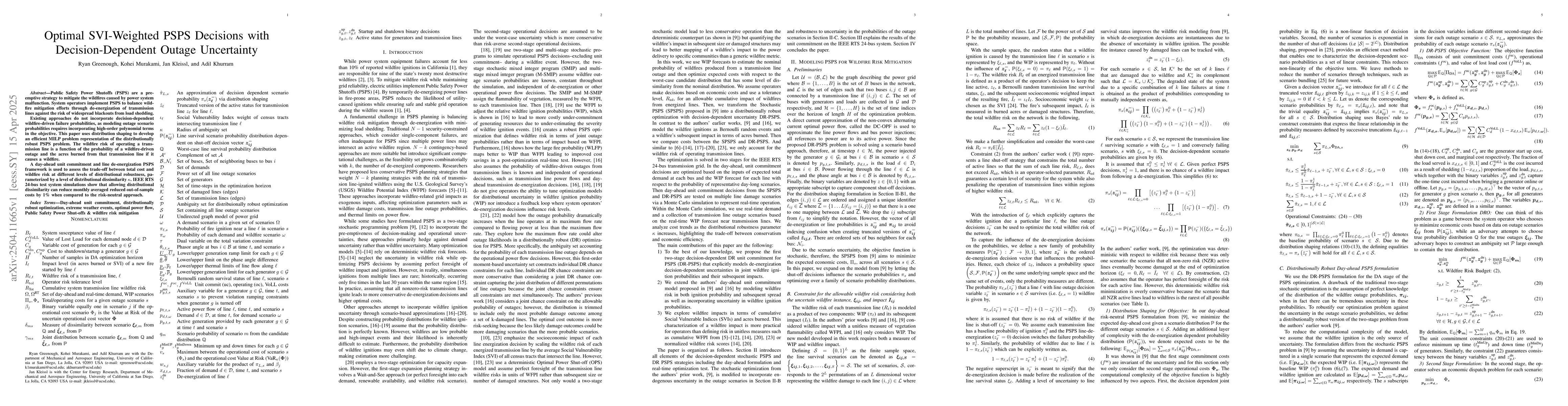 Thumbnail for Optimal SVI-Weighted PSPS Decisions with Decision-Dependent Outage
  Uncertainty