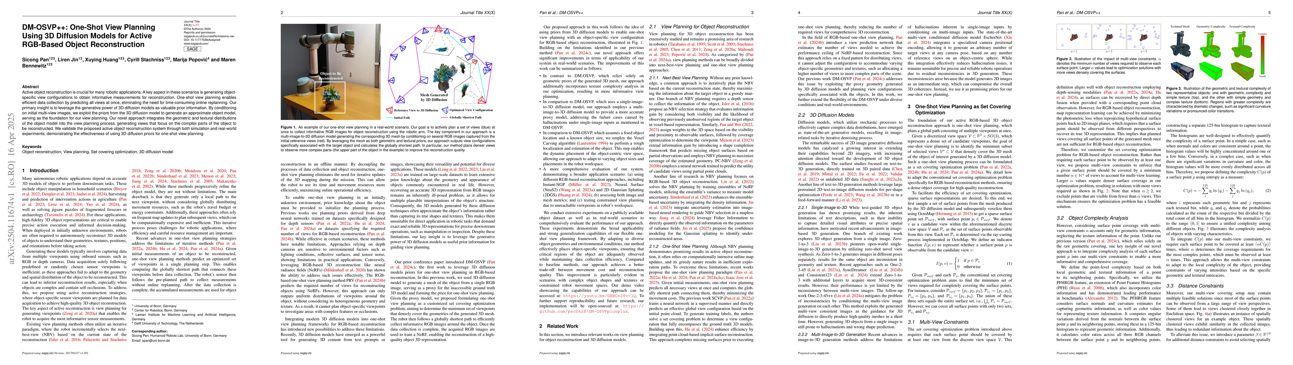 Thumbnail for DM-OSVP++: One-Shot View Planning Using 3D Diffusion Models for Active
  RGB-Based Object Reconstruction