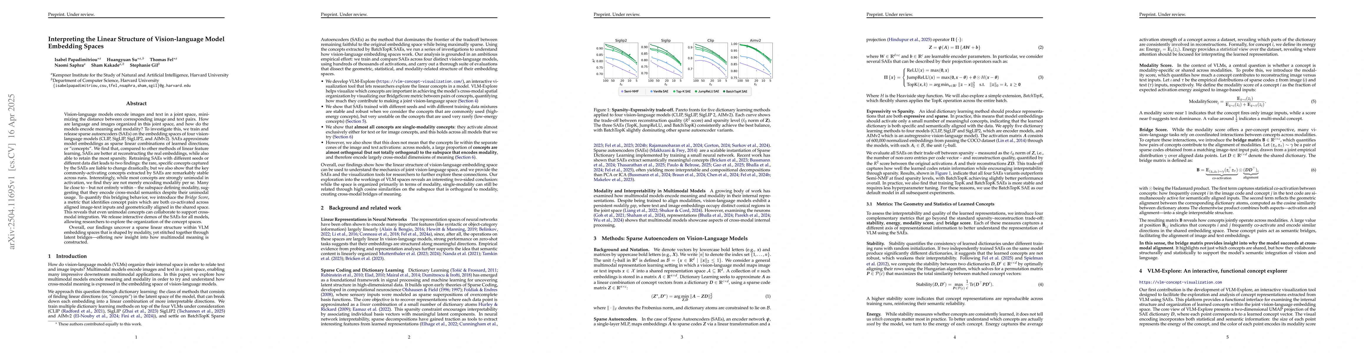 Thumbnail for Interpreting the Linear Structure of Vision-language Model Embedding
  Spaces